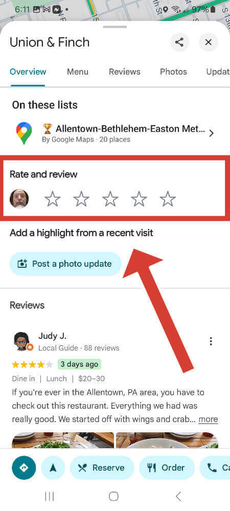 Click on the number of stars you want to give the business in your review. 