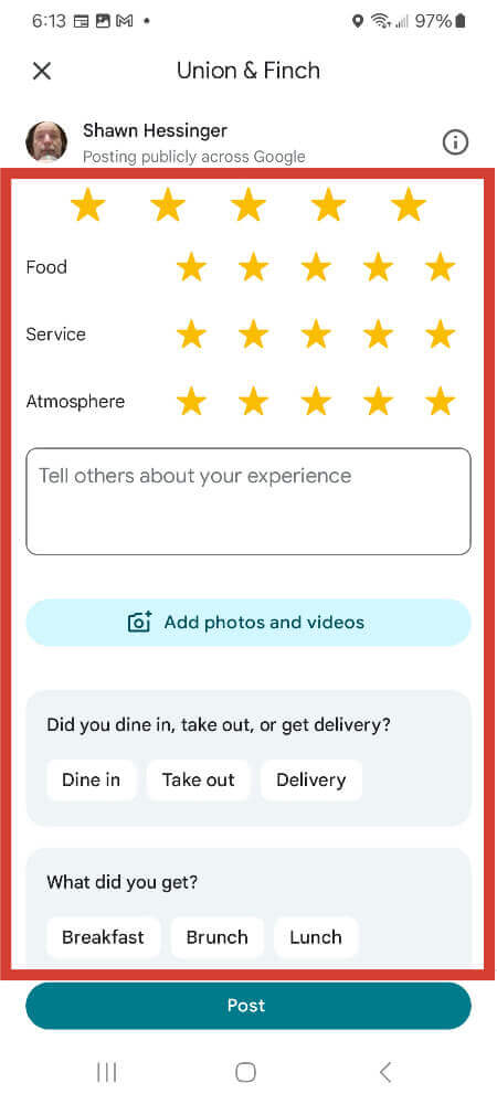 Type your review in the box, verify the number of stars, and answer any questions there may be below the box. 