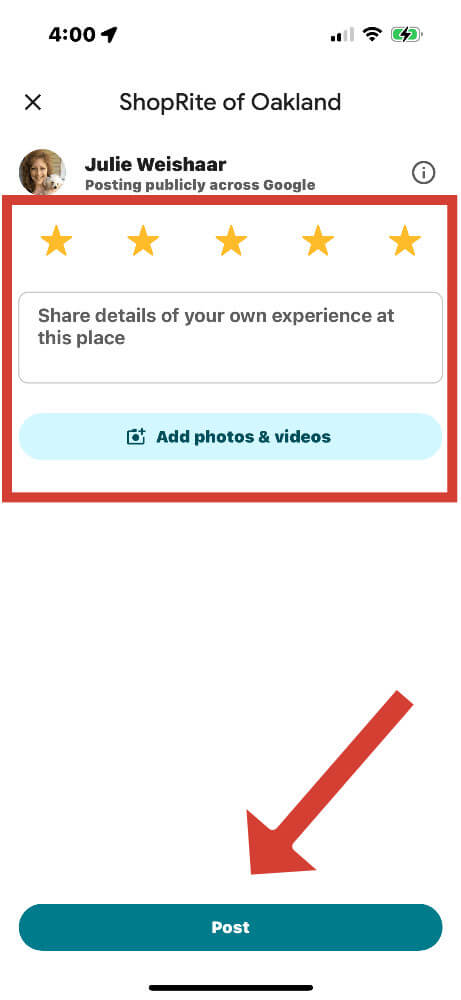 Verify your star rating, type your review, and click "Post".