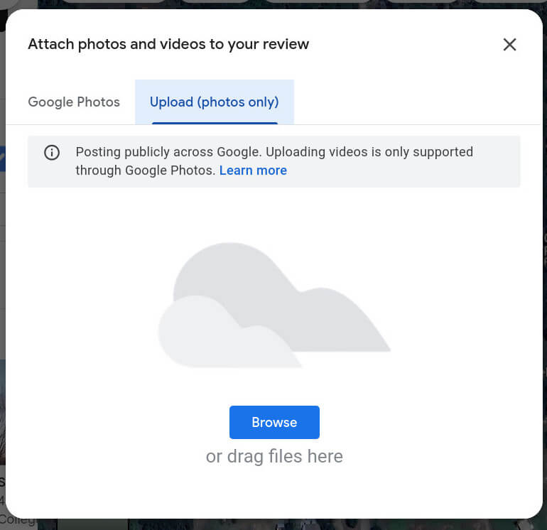 Use the "Upload (photos only)" tab to add photos from your device into a GBP review. 