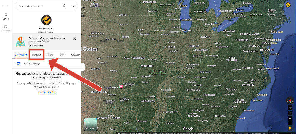 How to find the "Reviews" tab in Google Maps menu options.