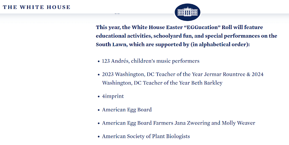 Example on the WhiteHouse.gov website mentioning small businesses at their Annual Easter Egg event. 