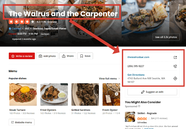 Example of a Yelp Local Citation for The Walrus and the Carpenter Seafood