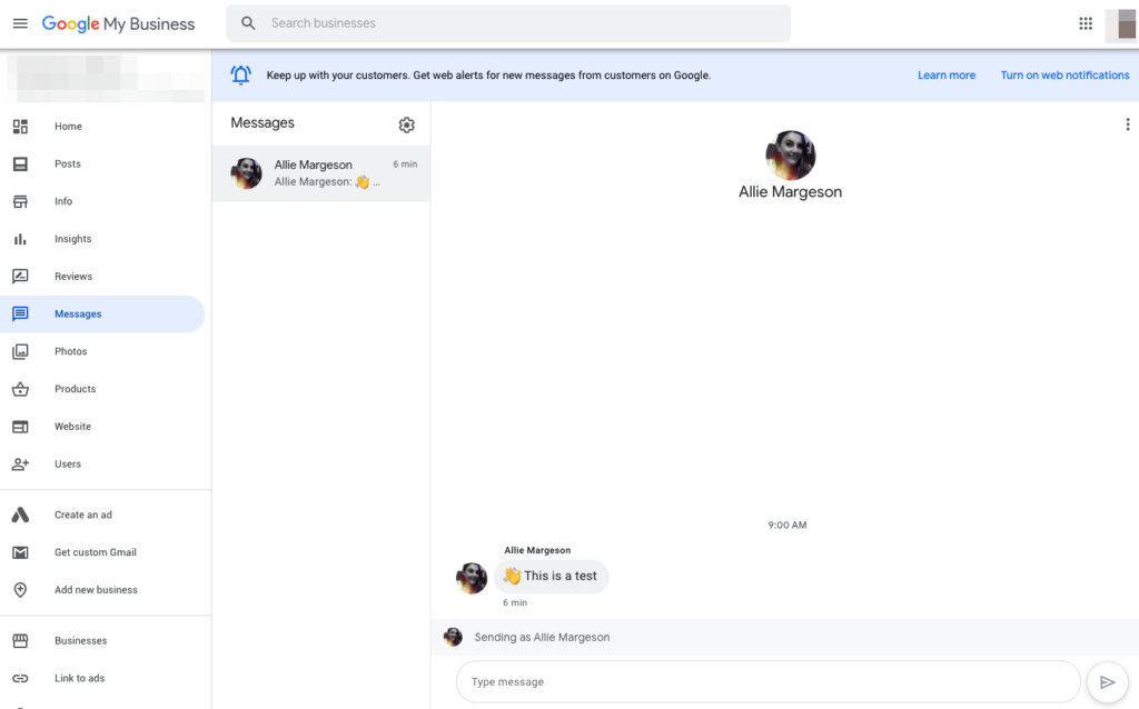 Google My Business Messages Feature in Desktop View