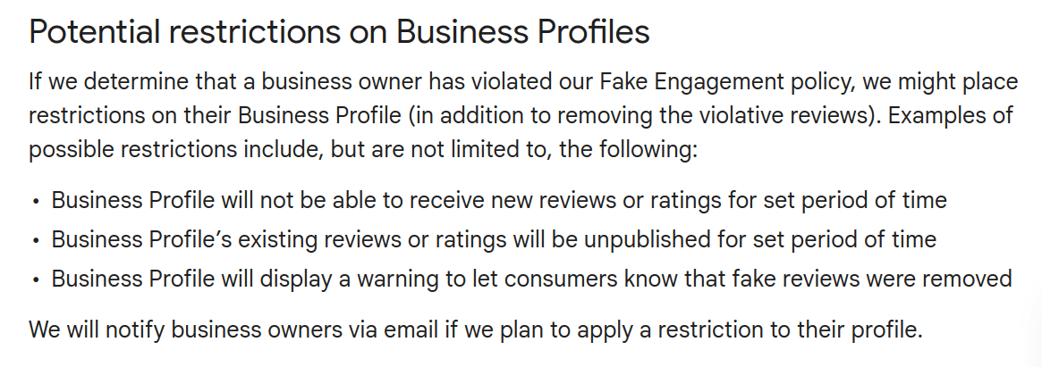 Potential restrictions Google may place on GBPs that violate their engagement policy. 