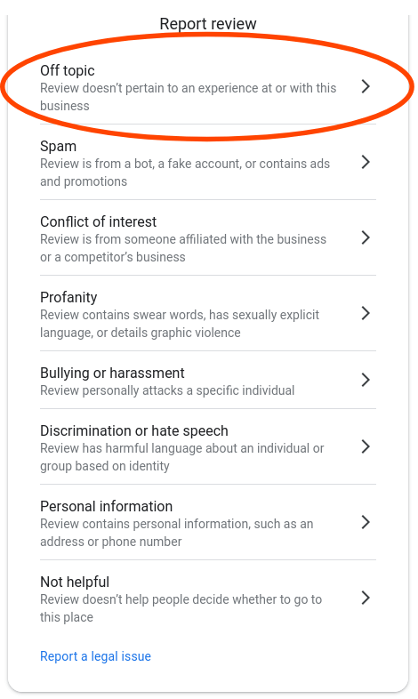 List of the Google policy the review you are reporting violates.