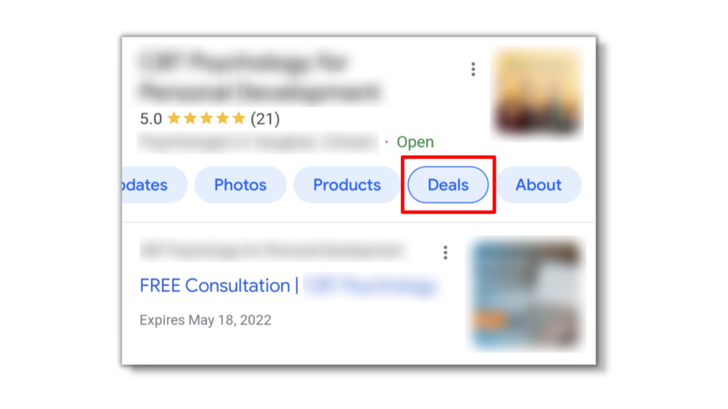 A screenshot of a Google Business Profile in search via mobile, showing off the new section "Deals" where offer posts now live