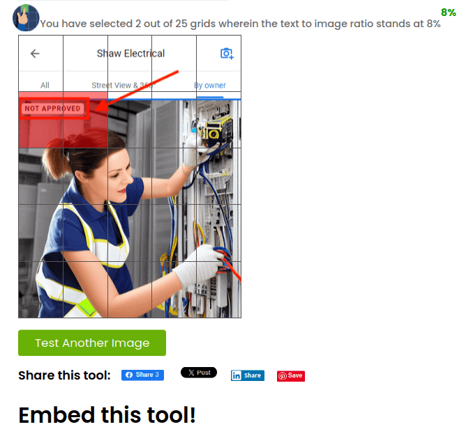 Example of the grid and calculation made by the Techwyse Text Percentage Image Tool Grid and Calculation