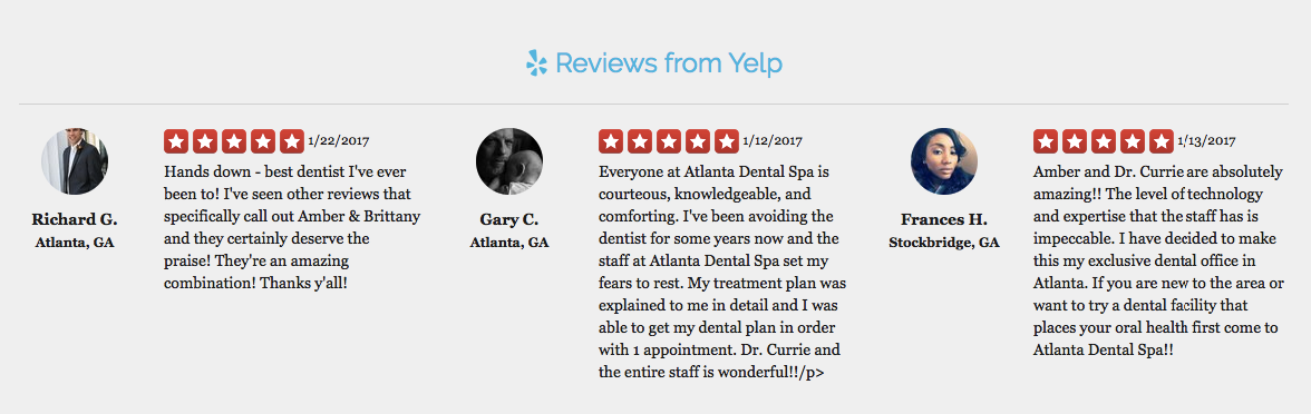 Reviews from Yelp displayed on a Service Area Business page using the Yelp embed tool