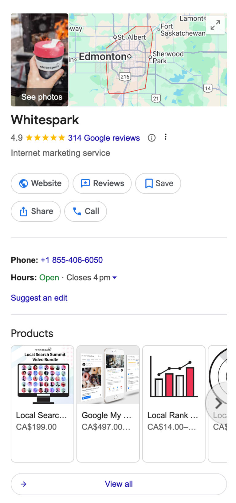 An image showing Whitespark's Local Knowledge Panel when viewed on a desktop